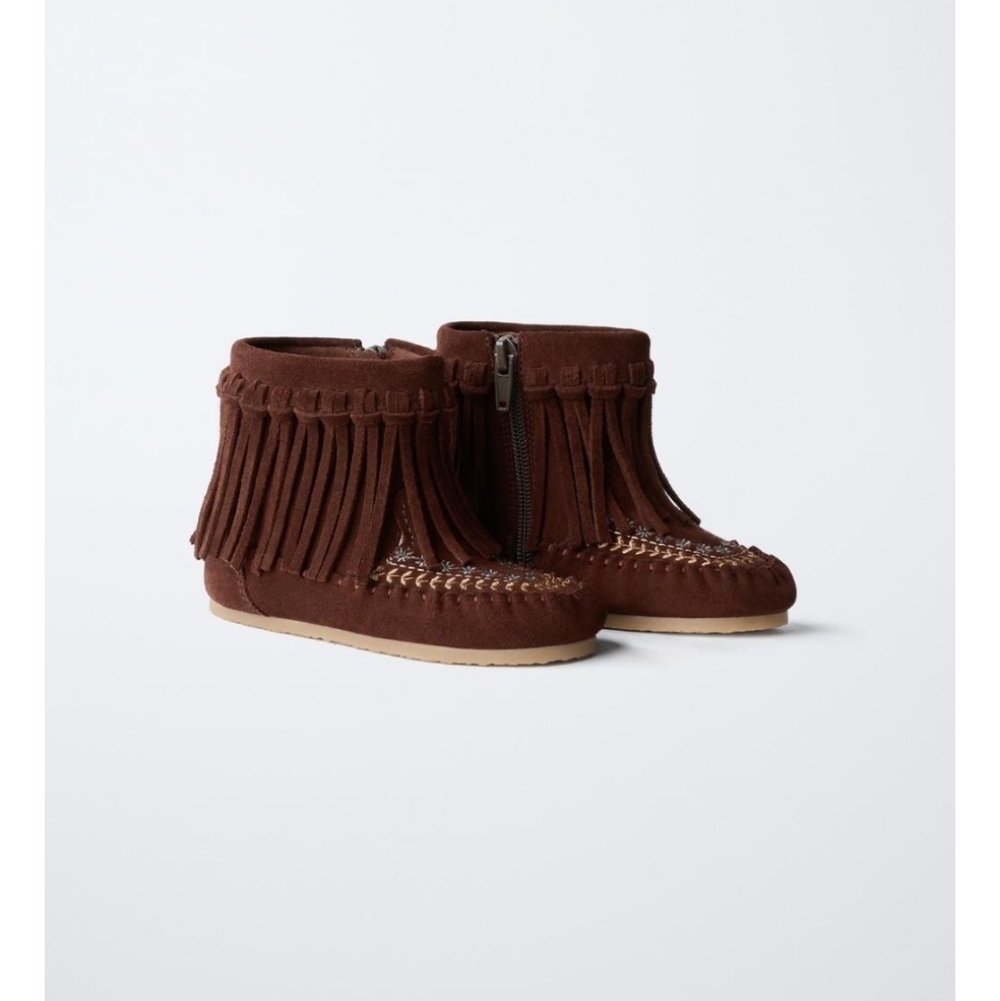 Zara Baby NWT Burgundy Genuine Cowhide Leather Fringe Moccasin Boots EU 25